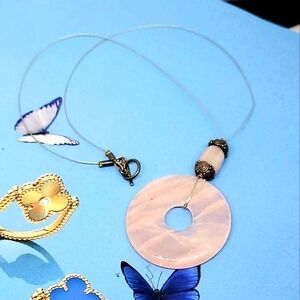 Genuine Rose Quartz Round  Boho Pendant Toggle Clasp Silver Necklace